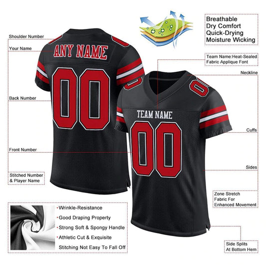 Football Stitched Custom Jersey - Black / Font Red