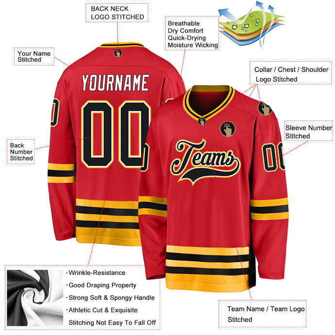 Custom Black Hockey Jerseys, Hockey Uniforms For Your Team – Tagged Font- Red